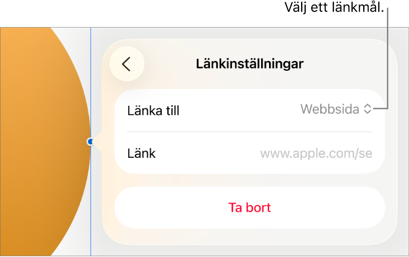Reglage för länkinställningar med Webbsida markerat och knappen Ta bort längst ned.