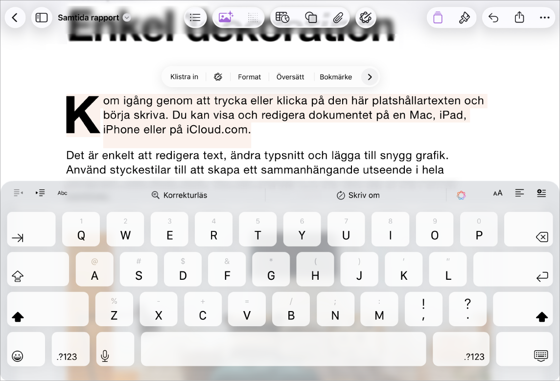 Pages-dokument öppet med markerad platshållartext.