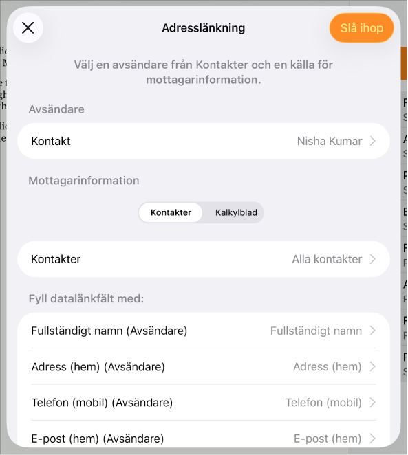 Adresslänkningspanelen är öppen med alternativ för att välja avsändarinformation, ändra källfil eller -tabell, förhandsvisa datalänkfältsnamn eller länka dokumentet.