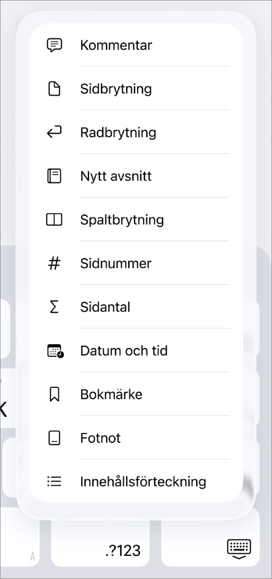 Kortkommandofältet med öppna infogningsreglage ovanför infogningsknappen.