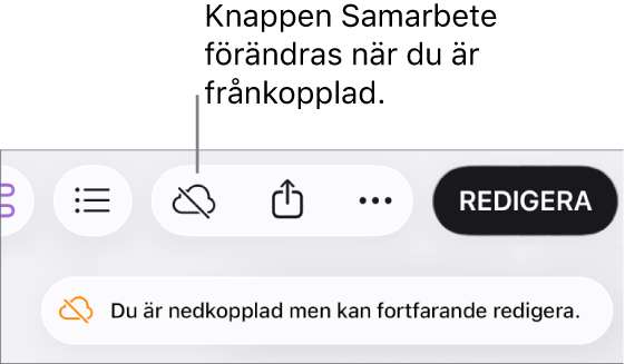 Ett meddelande på skärmen säger Du är nedkopplad men kan fortfarande redigera.
