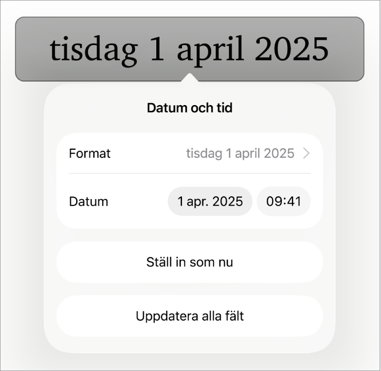 Reglagen Datum och tid med popupmenyn Format och knapparna Ställ in som nu och Uppdatera alla fält.