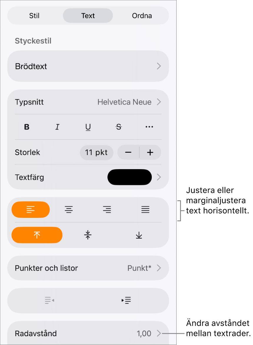 Knappen för formatreglage med fliken Text vald och linjer som pekar på knapparna för textjustering och menyobjektet Radavstånd.