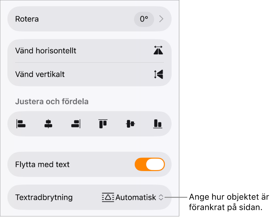Formatreglagen med fliken Ordna vald och reglage för Lägg nederst/överst, Flytta med text och Textradbrytning.