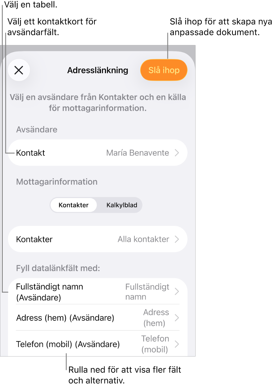 Adresslänkningspanelen är öppen med alternativ för att välja avsändarinformation, ändra källfil eller -tabell, förhandsvisa datalänkfältsnamn eller enskilda poster eller länka dokumentet.