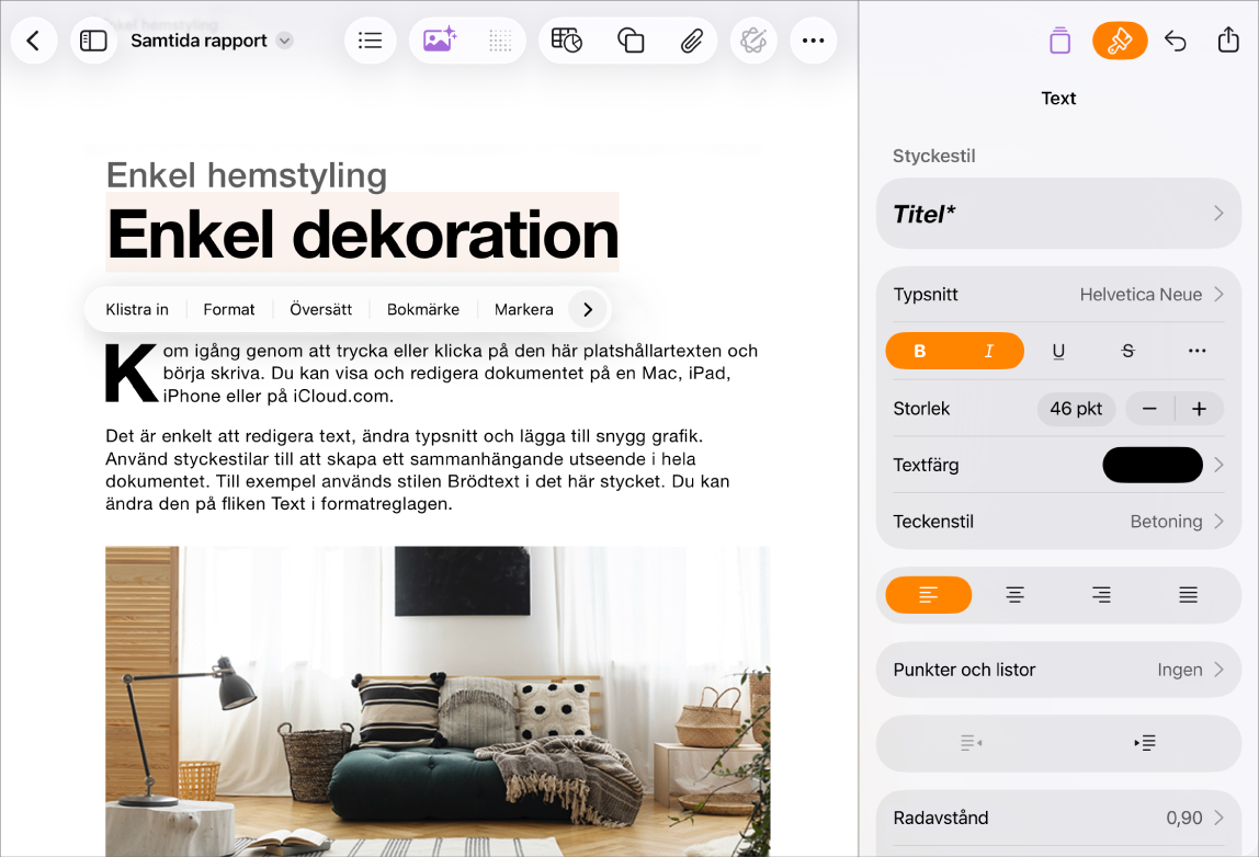 Ett öppet Pages-dokument med text markerad och textformateringsalternativ öppna.