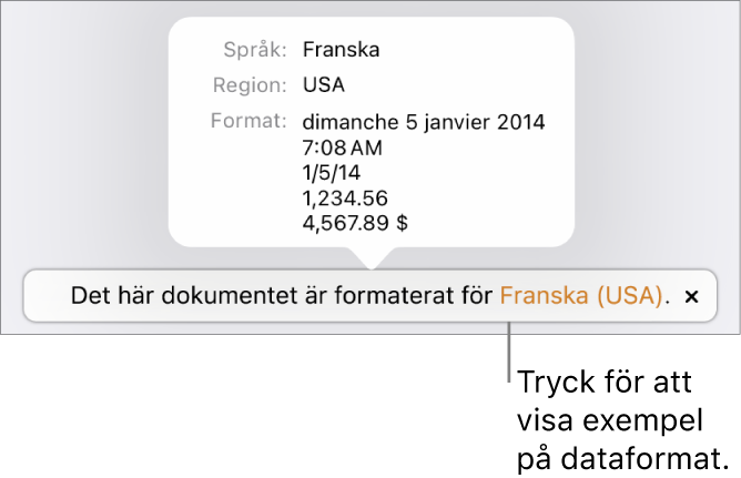 Meddelandet om olika språk- och regioninställningar samt exempel på formatering för det andra språket och den andra regionen.