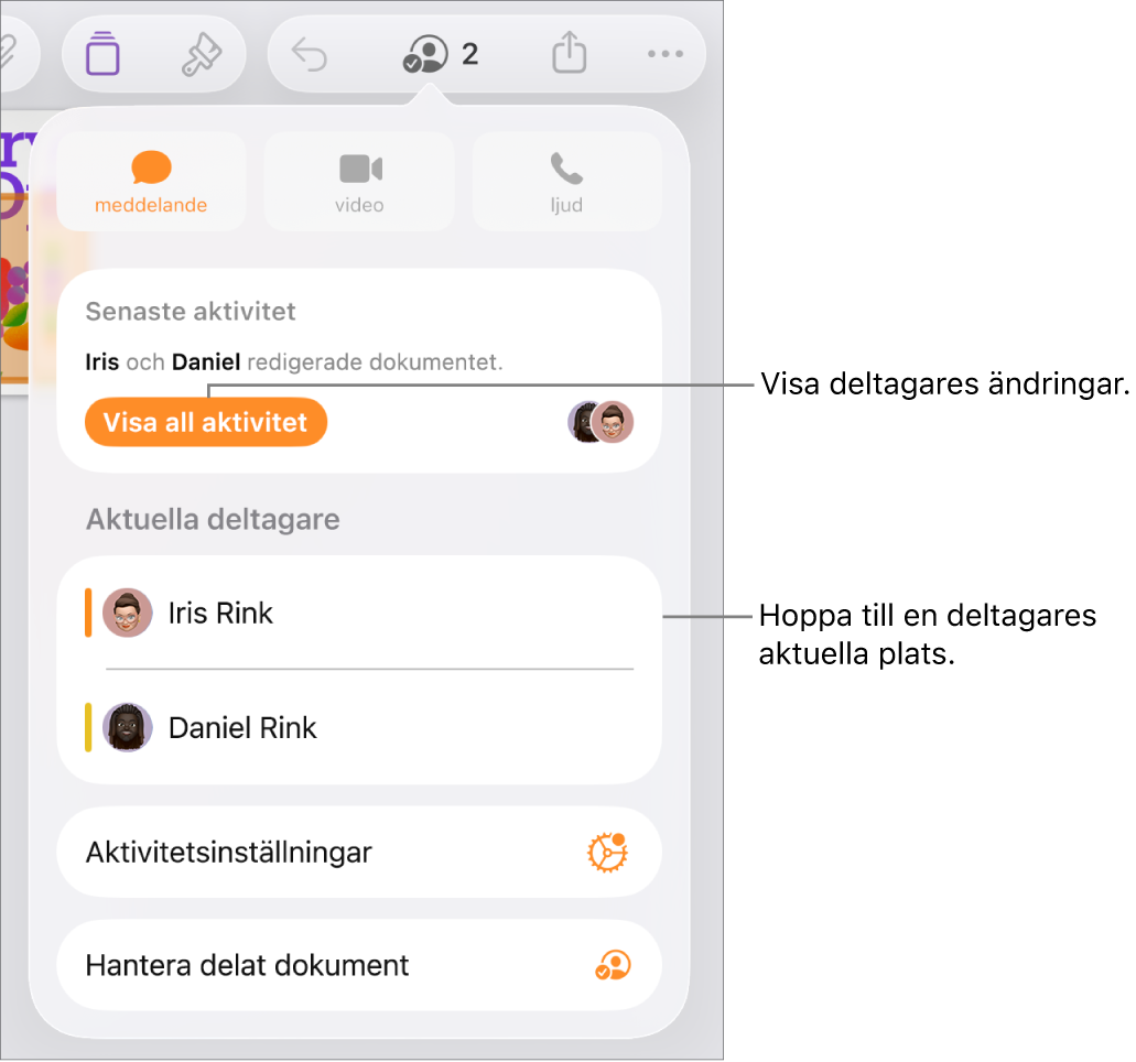 Samarbetsmenyn med aktuella deltagare listade.