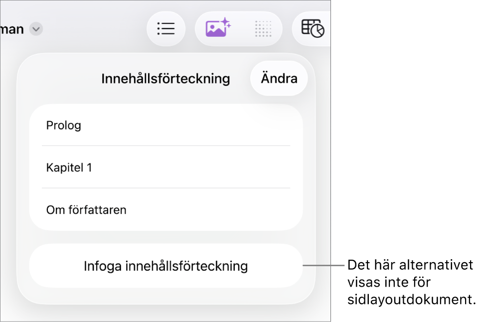 Innehållsförteckningsvyn med Ändra i det övre högra hörnet, innehållsförteckningsposter och knappen Infoga innehållsförteckning längst ned.