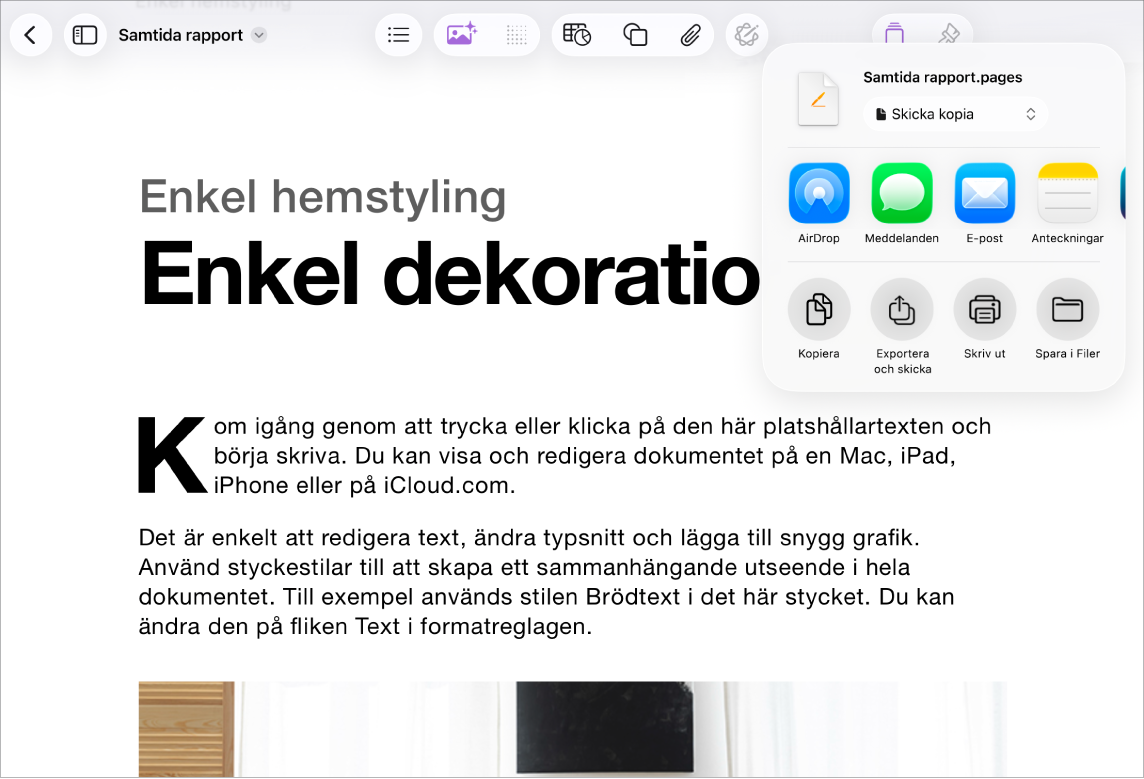 I ett arbetsdokument med alternativen för delning eller export öppna.