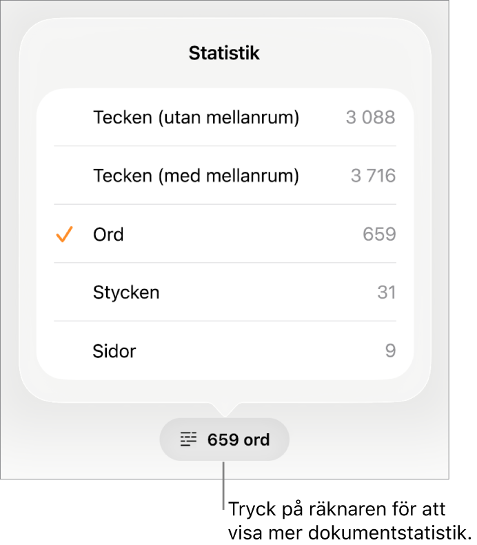 Ordräknaren med en meny med alternativ för att visa antalet tecken med och utan mellanslag, antal ord, antal stycken och antal sidor.