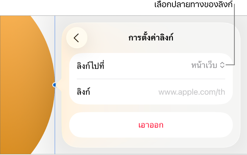 ตัวควบคุมการตั้งค่าลิงก์ที่มีหน้าเว็บถูกเลือกอยู่ และปุ่มเอาออกที่ด้านล่างสุด
