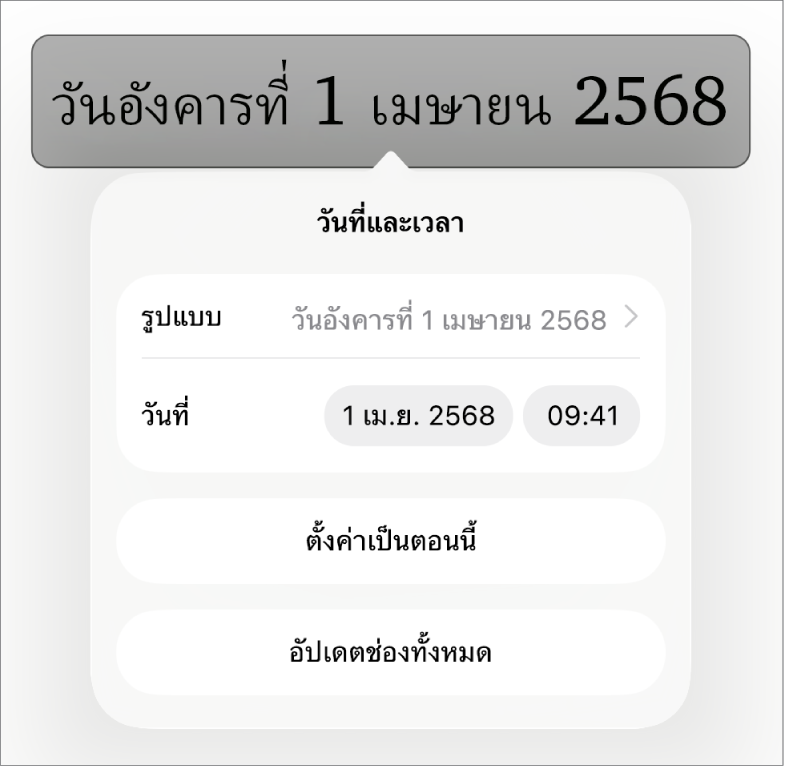 ตัวควบคุมวันที่และเวลาที่แสดงเมนูที่แสดงขึ้นสำหรับรูปแบบวันที่ และปุ่มตั้งค่าเป็นตอนนี้และอัปเดตช่องทั้งหมด