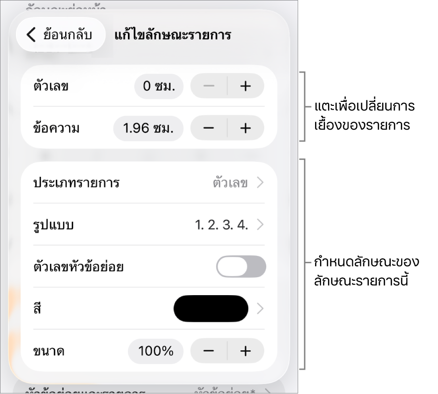 เมนูแก้ไขลักษณะรายการที่มีตัวควบคุมสำหรับระยะห่างการเยื้อง ประเภทและรูปแบบของรายการ ตัวเลขหัวข้อย่อย สีและขนาดของรายการ และการกำหนดหมายเลขต่อ