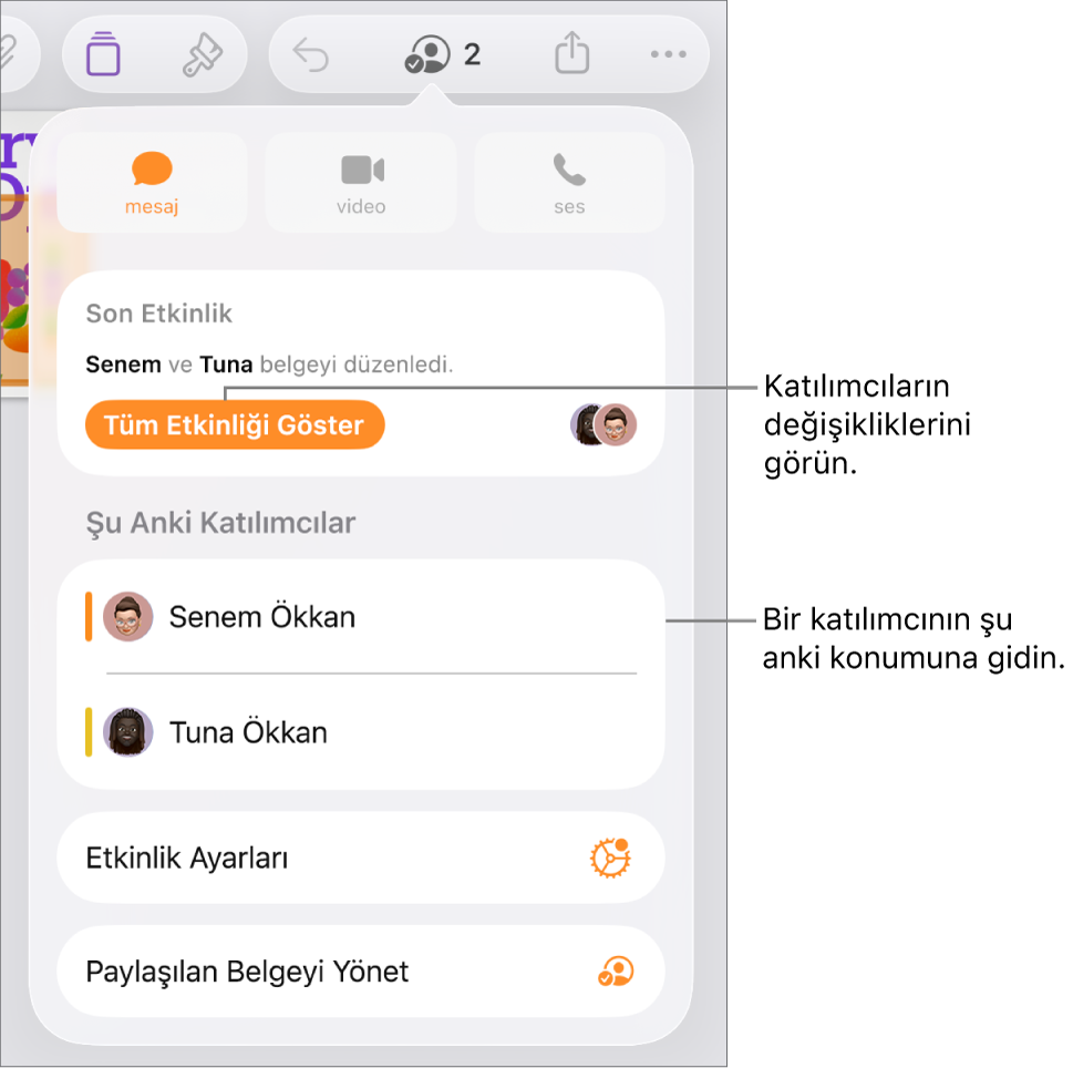 Ortak çalışma menüsünde güncel katılımcılar listeleniyor.