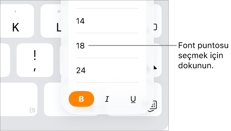 iPad klavyesinin sağ tarafında, Font Puntosu menüsü açık olarak gösterilen Font Puntosu düğmesi. Çin ana karası hükümeti standardındaki font puntoları menünün en üst kısmında, diğer puntolar ise bunun altında görünür.