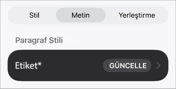 Yanında yıldız ve sağda Güncelle düğmesinin olduğu bir Gövde paragraf stili.