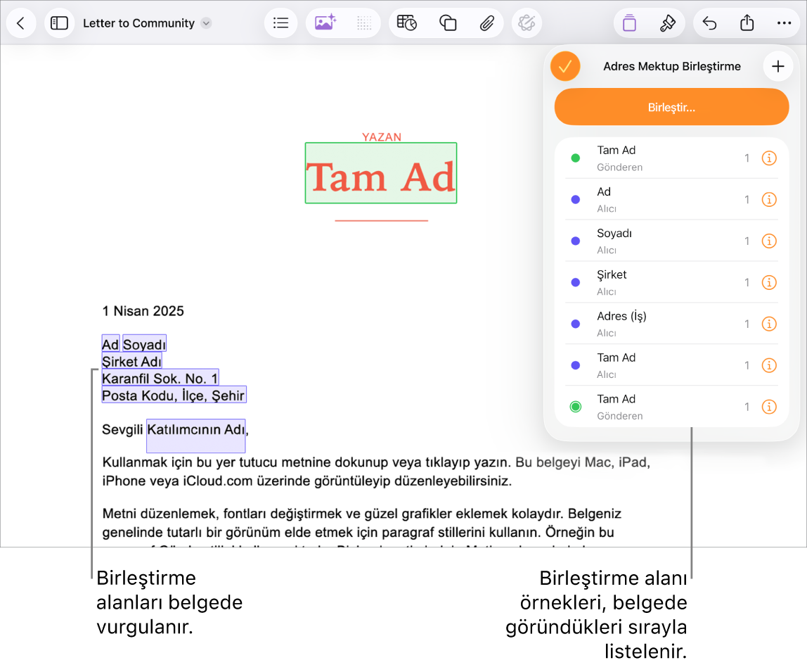 Pages belgesinde, değiştirilecek yer tutucu metinleri vurgulayan alıcı adres birleştirme alanları ile Adres Mektup Birleştirme menüsünde listelenen birleştirme alanı örnekleri var.