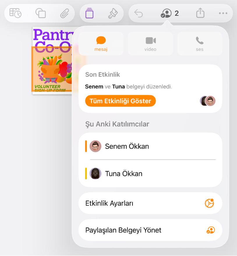 Belgede ortak çalışan kişilerin adlarını gösteren ortak çalışma menüsü.