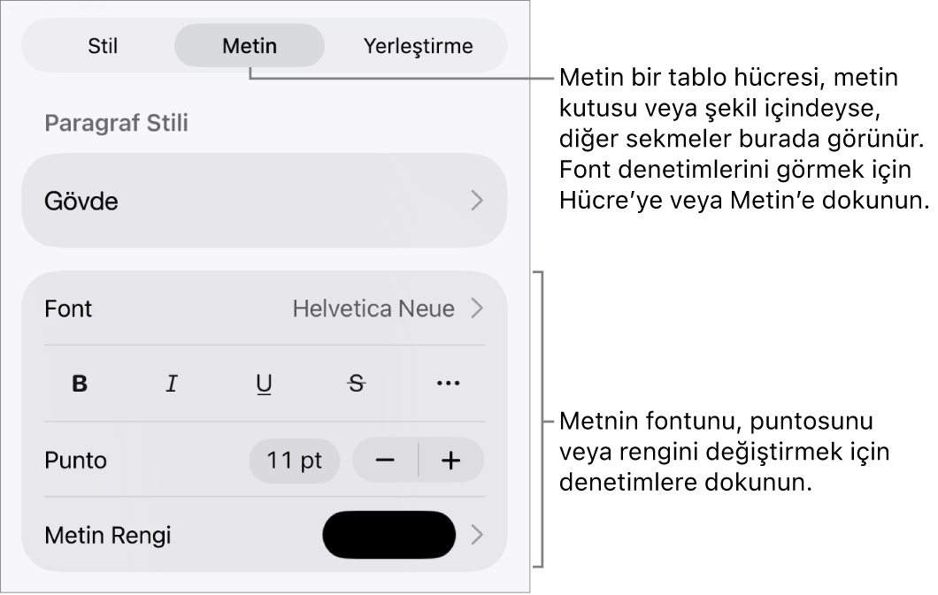 Paragraf ve karakter stillerini, fontunu, boyutunu ve rengini ayarlamak için Biçim menüsündeki metin kontrolleri.