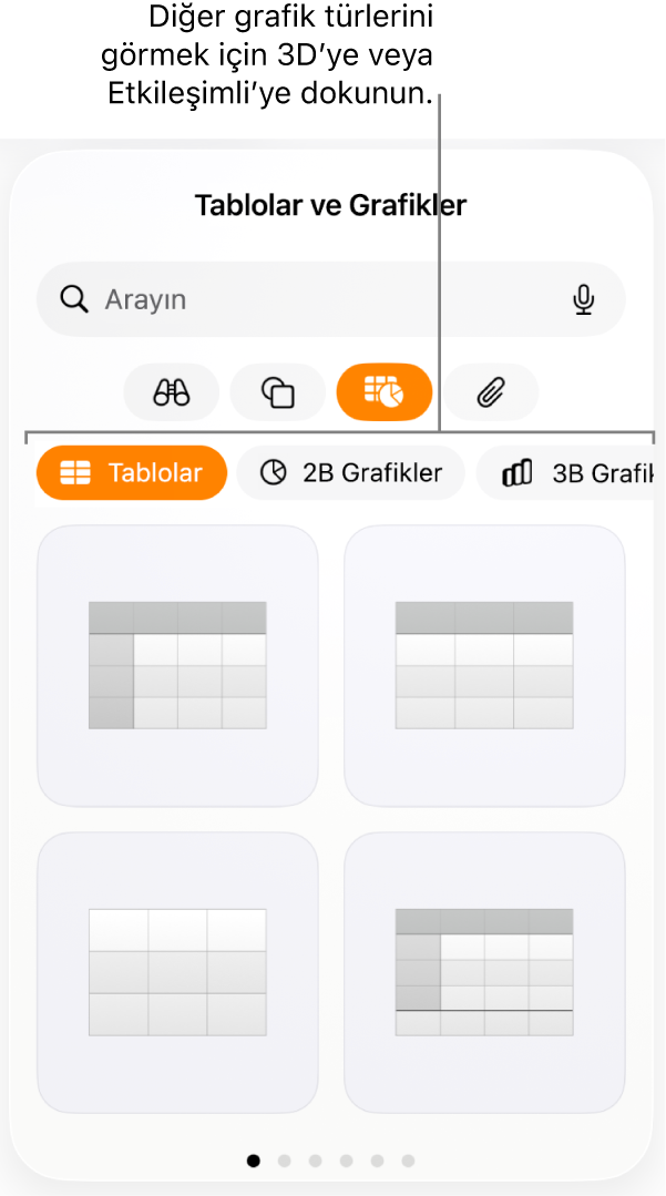 2B grafikler gösteren Grafik ekle menüsü.