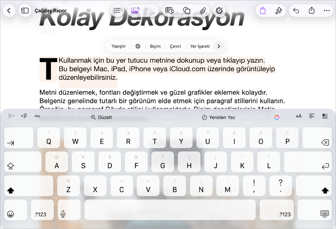 Pages belgesi açık, yer tutucu metin seçili.