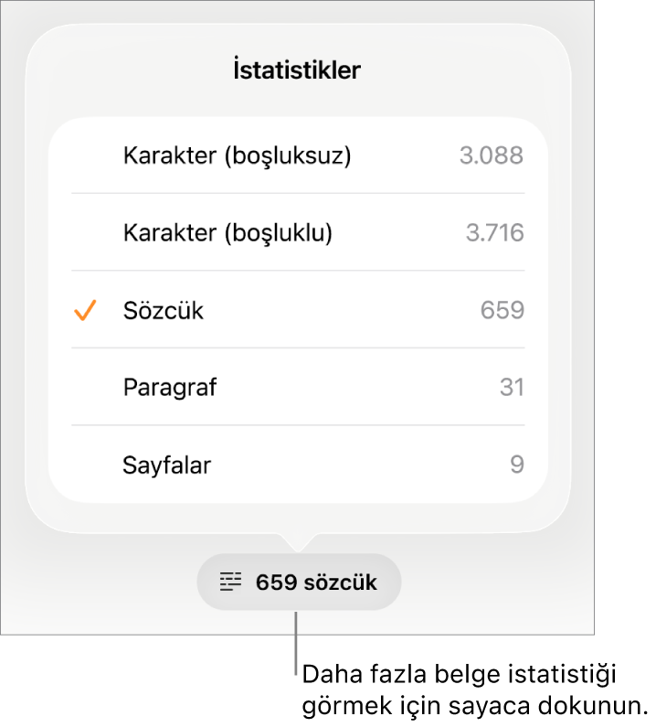 Boşluksuz ve boşluklu karakter sayısını, sözcük sayısını, paragraf sayısını ve sayfa sayısını gösterme seçeneklerini gösteren menüyle sözcük sayacı.