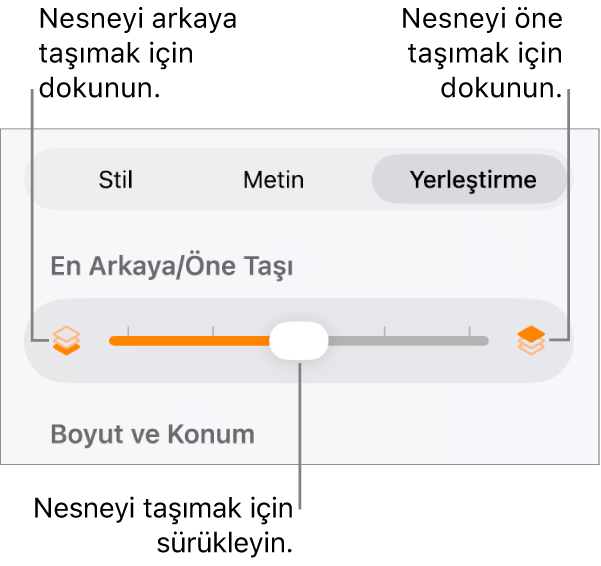 Geri Taşıma düğmesi, İleri Taşıma düğmesi ve katmanlama sürgüsü.