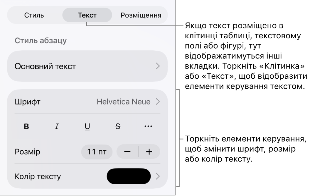 Елементи керування текстом у меню «Формат» для настроювання стилів абзацу й символів, шрифту, розміру та кольору.