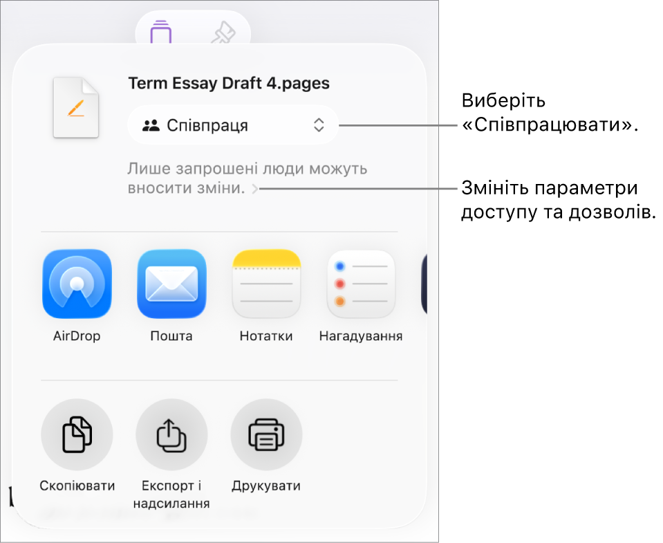 Меню «Поширити» з вибраним угорі елементом «Співпраця», а також параметрами доступу й дозволів унизу.