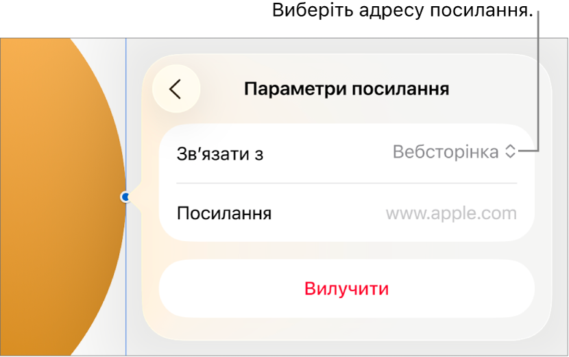 Елементи керування параметрами посилань із вибраною вебсторінкою та кнопкою «Вилучити» внизу.