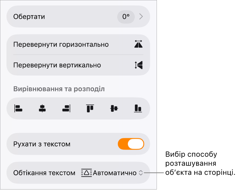 Елементи керування форматуванням з вибраною вкладкою «Розміщення» й елементами «Перемістити назад/наперед», «Перемістити з текстом» та «Обтікання текстом».