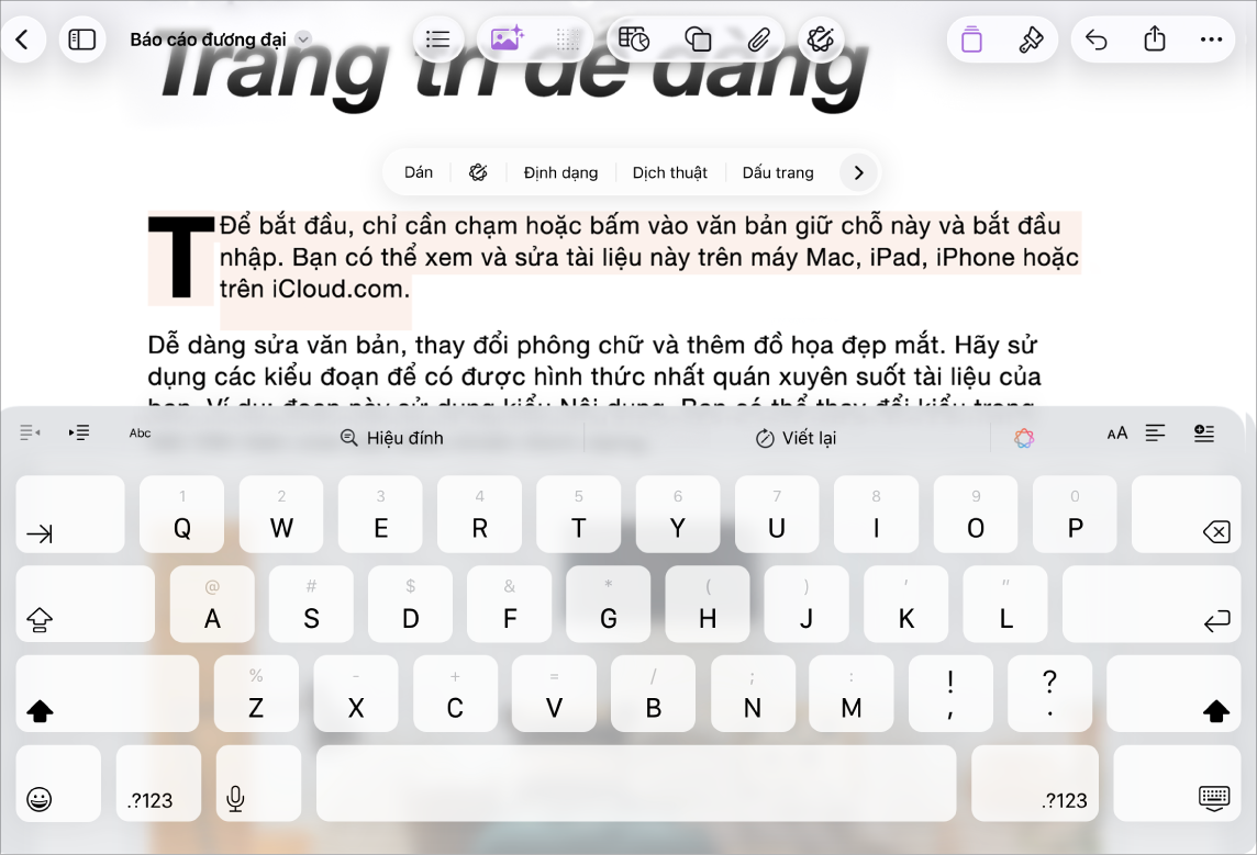 Tài liệu Pages đang mở với văn bản giữ chỗ được chọn.