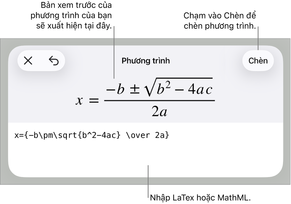 Hộp thoại Phương trình, đang hiển thị phương trình được viết bằng các lệnh MathML và bản xem trước của công thức ở bên trên.