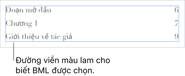 Bảng mục lục được chèn vào tài liệu. Các mục nhập hiển thị đề mục cùng với số trang.