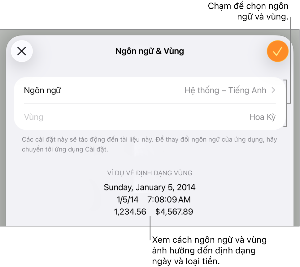 Khung Ngôn ngữ và Vùng với các điều khiển cho ngôn ngữ và vùng và ví dụ về định dạng bao gồm ngày, giờ, phần thập phân và loại tiền.