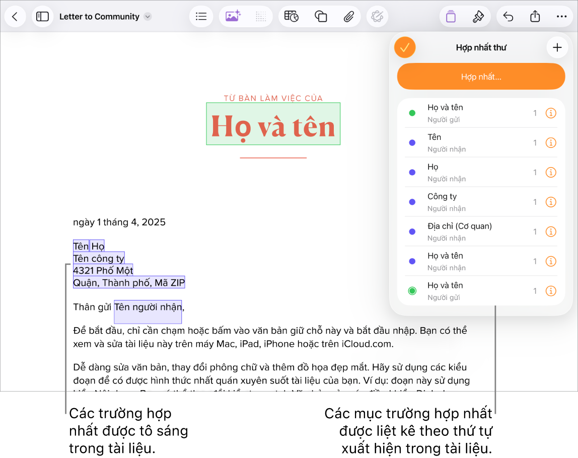 Tài liệu Pages có các trường hợp nhất địa chỉ người nhận đang tô sáng văn bản giữ chỗ sẽ được thay thế và trường hợp nhất được liệt kê trong menu Hợp nhất thư.