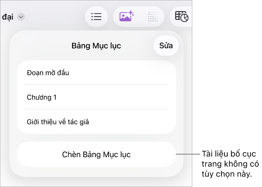 Chế độ xem bảng mục lục với nút Sửa ở góc trên cùng bên phải, các mục nhập BML và nút Chèn bảng mục lục ở dưới cùng.