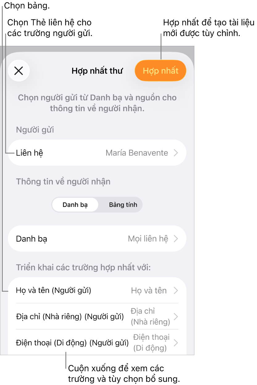 Khung Hợp nhất thư mở ra, với các tùy chọn để chọn thông tin người gửi, thay đổi tệp hoặc bảng nguồn, xem trước các tên trường hợp nhất hoặc hồ sơ riêng lẻ hoặc hợp nhất tài liệu.