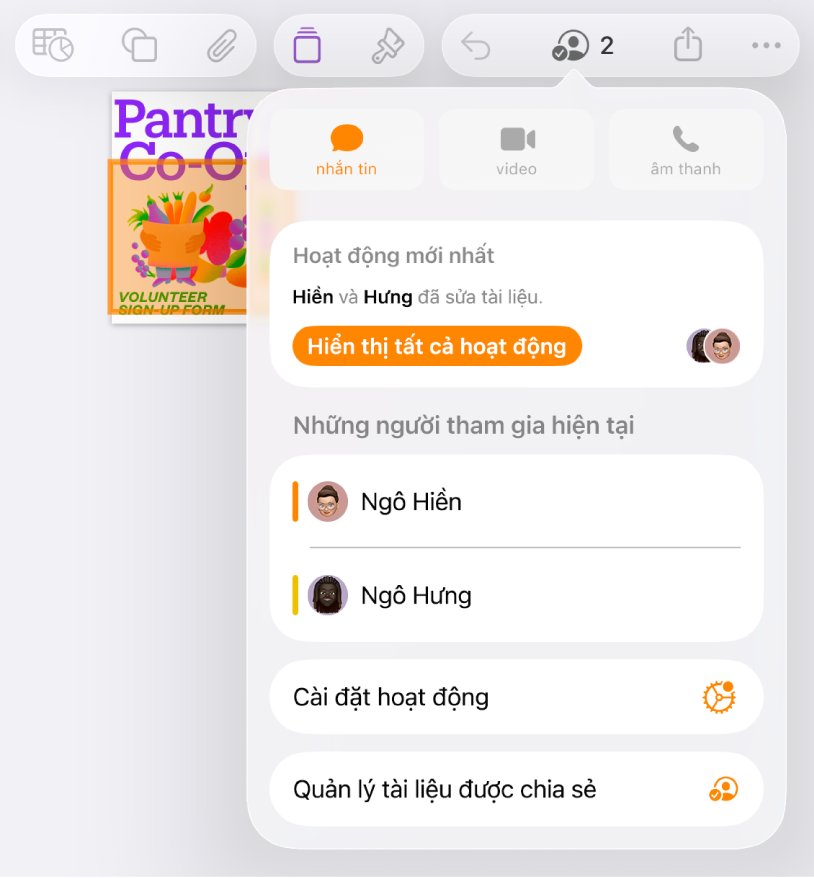 Menu cộng tác đang hiển thị tên của những người đang cộng tác trên tài liệu.