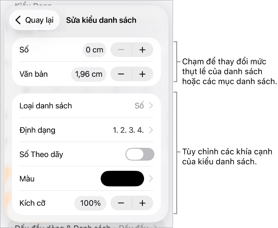 Menu Sửa kiểu danh sách với các điều khiển cho giãn cách thụt lề, kích cỡ và màu danh sách cũng như đánh số tiếp tục.