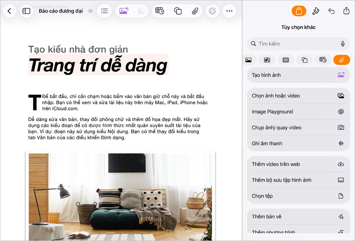 Tài liệu Pages đang mở với menu Chèn được hiển thị và menu phương tiện đang mở.