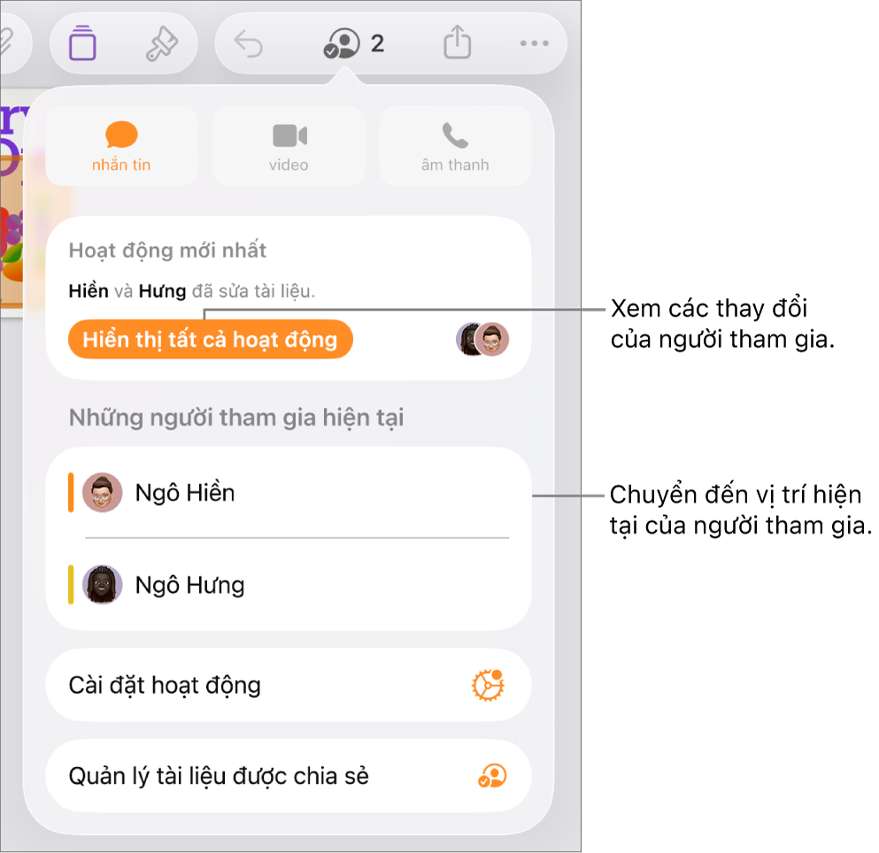 Menu cộng tác có những người tham gia hiện tại được liệt kê.