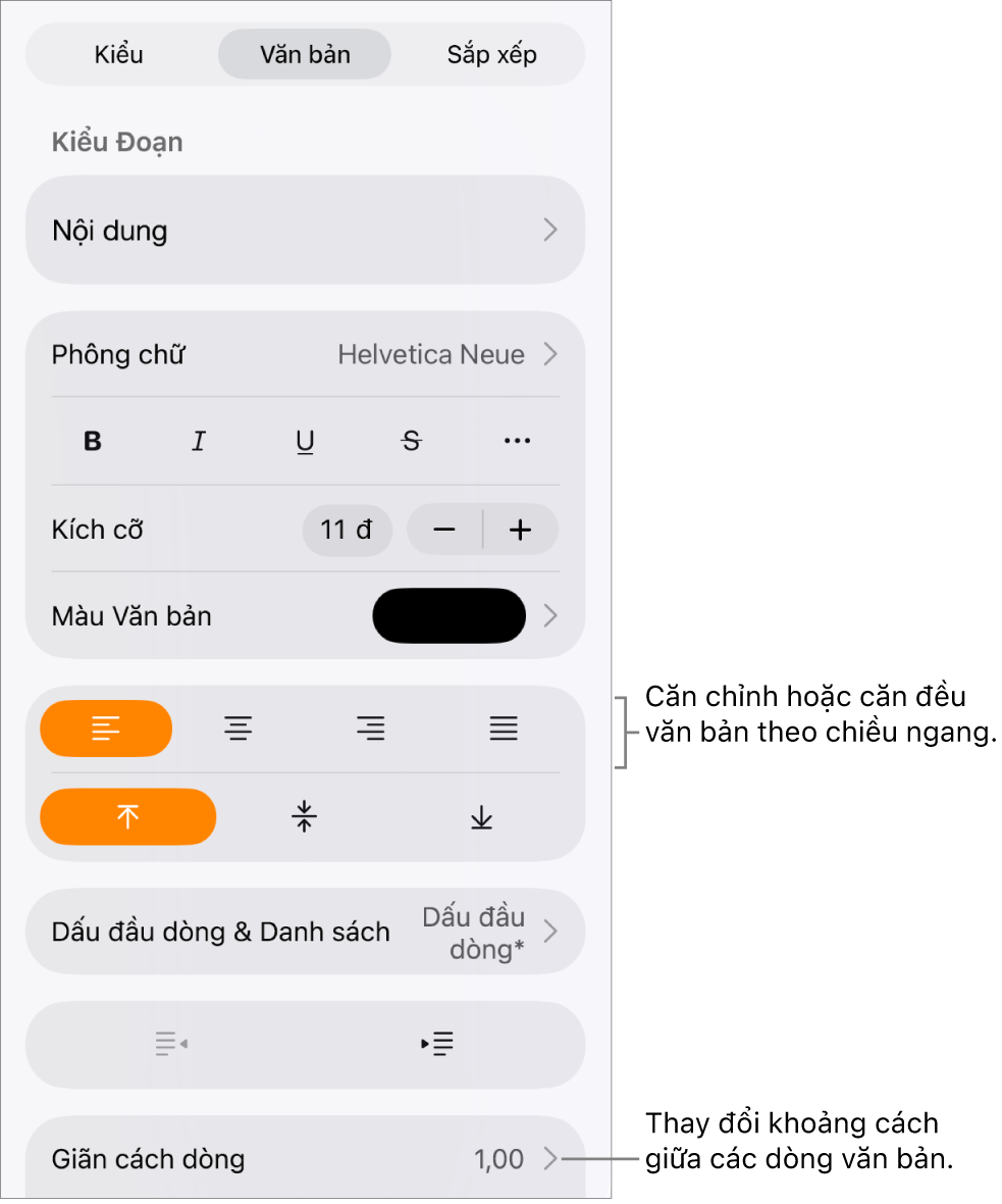 Nút điều khiển Định dạng với tab Văn bản được chọn và các lời nhắc cho các nút căn chỉnh văn bản và mục menu Giãn cách dòng.