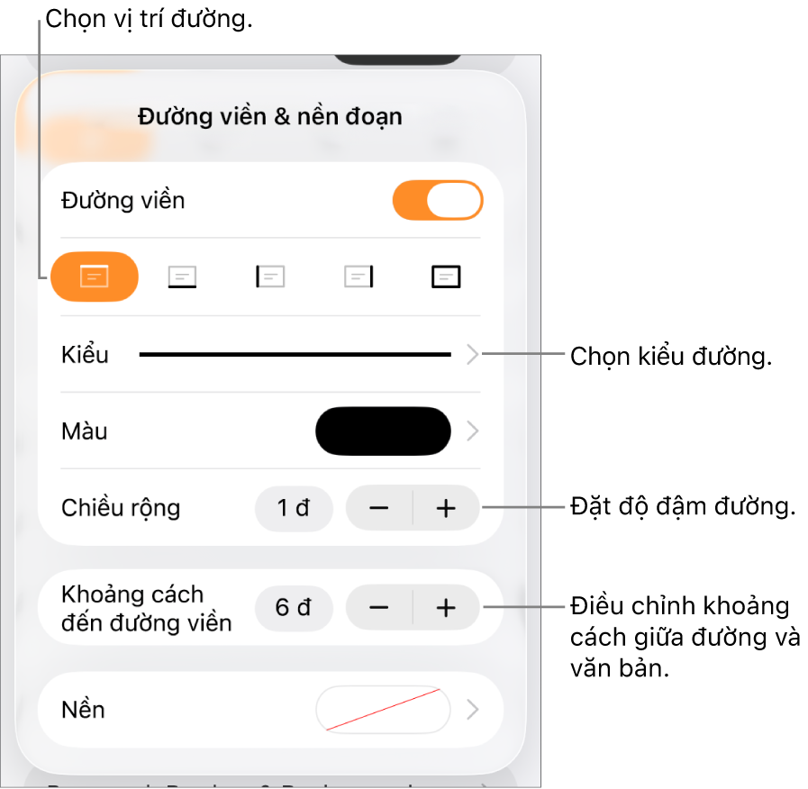 Các điều khiển để thay đổi kiểu đường, độ đậm, vị trí và màu.