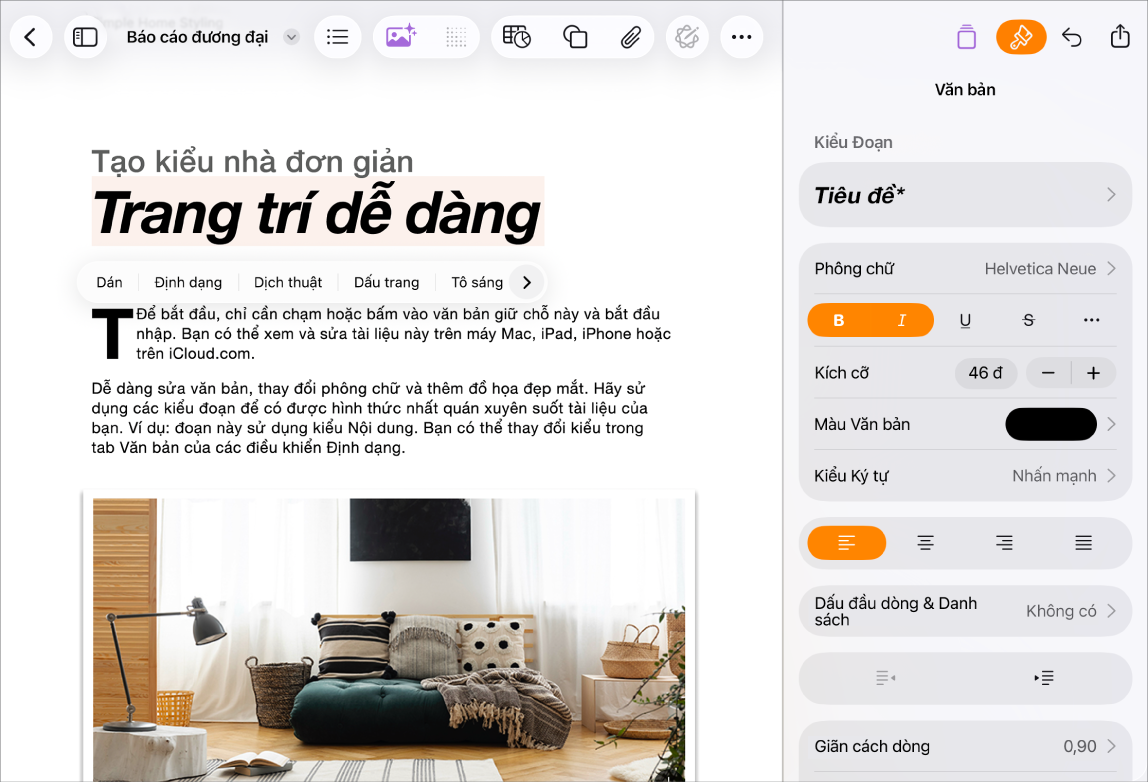Tài liệu Pages đang mở với văn bản được chọn và các tùy chọn định dạng văn bản đang mở.