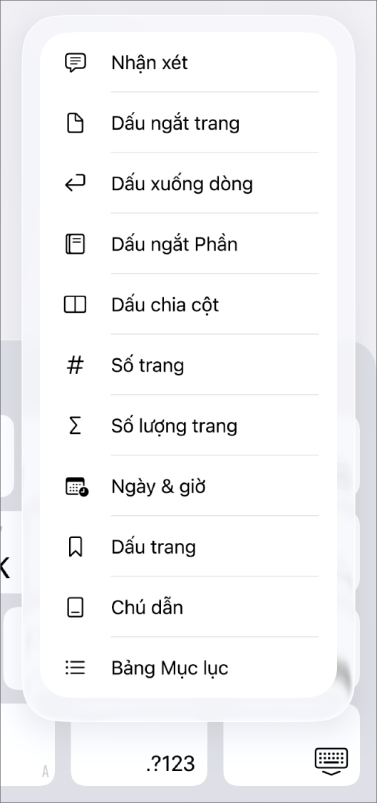 Thanh phím tắt với các điều khiển Chèn đang mở phía trên nút Chèn.