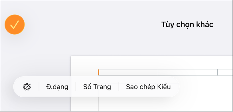 Ba trường đầu trang với dấu chèn ở giữa và menu bật lên đang hiển thị Số trang.