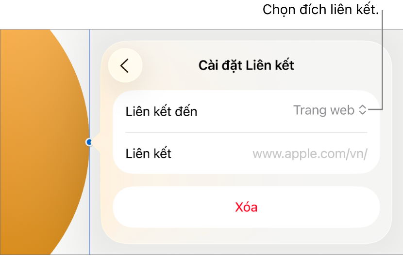 Các điều khiển Cài đặt Liên kết với Trang web được chọn và nút Xóa nằm ở cuối.