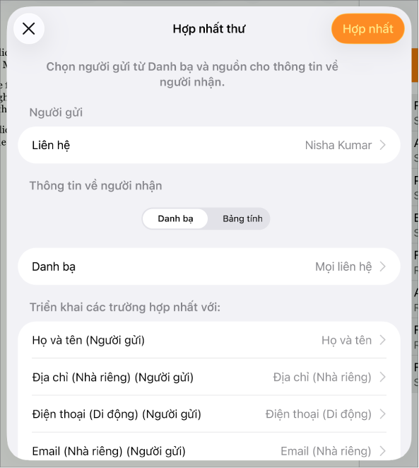 Khung Hợp nhất thư mở ra, với các tùy chọn để chọn thông tin người gửi, thay đổi tệp hoặc bảng nguồn, xem trước các tên trường hợp nhất hoặc hợp nhất tài liệu.